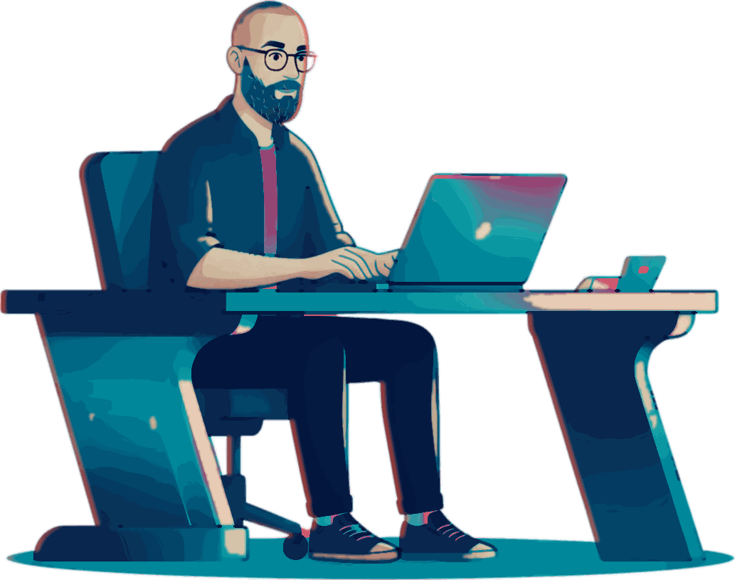 Paul at his desk, working on a laptop